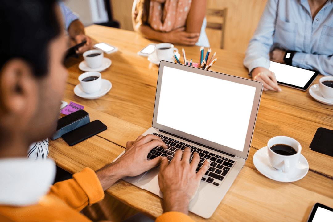 Team Collaborating with Transparent Laptop Screen Display