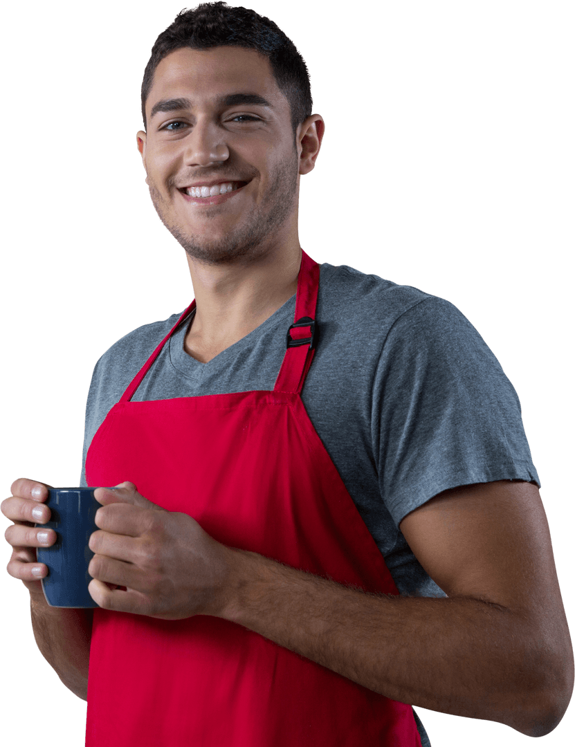 Smiling Male Waiter Holding Coffee Mug Transparent Background