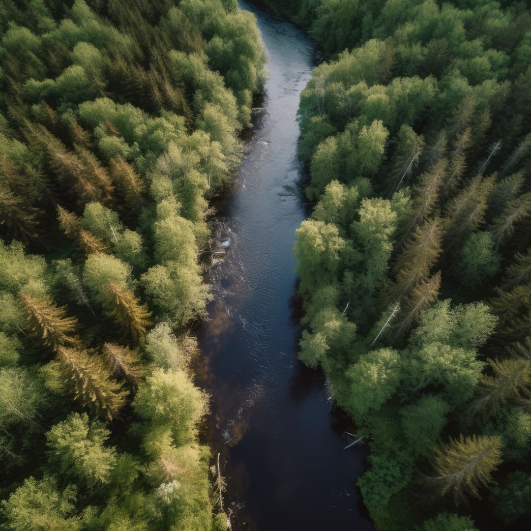 Aerial View of Serene Forest River in Summer By Daylight - Free Images, Stock Photos and Pictures on Pikwizard.com