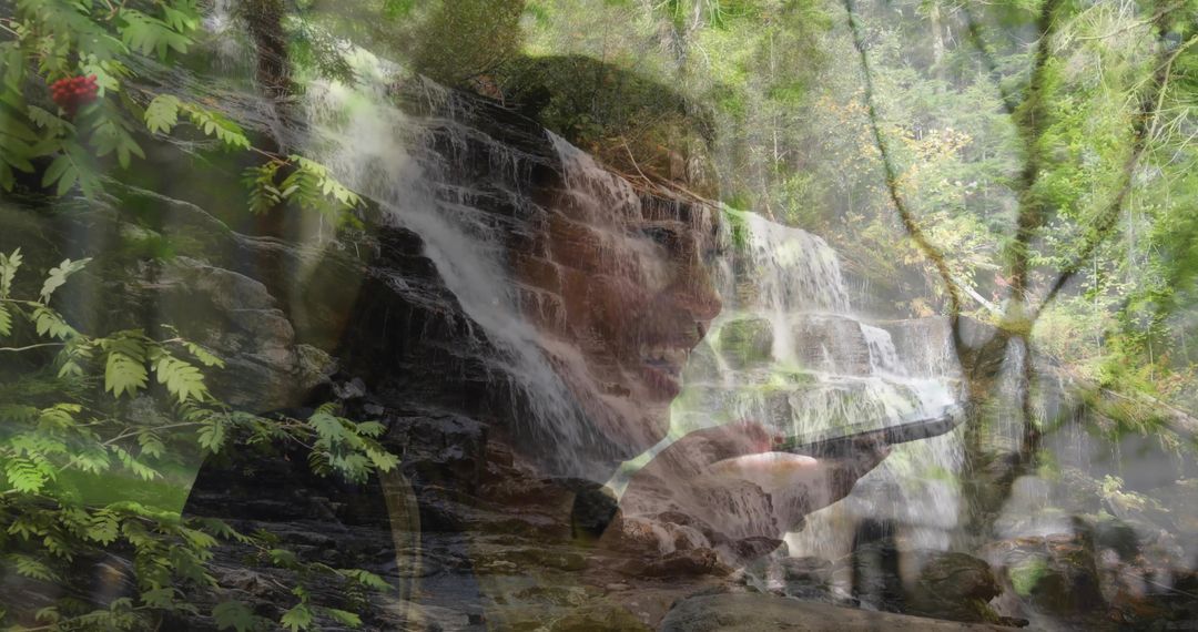 Overlay of Woman Using Phone with Serene Waterfall in Forest
