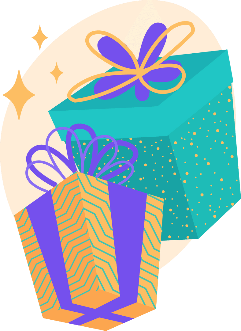 Stylized Transparent Gift Boxes with Bows and Sparkles Illustration