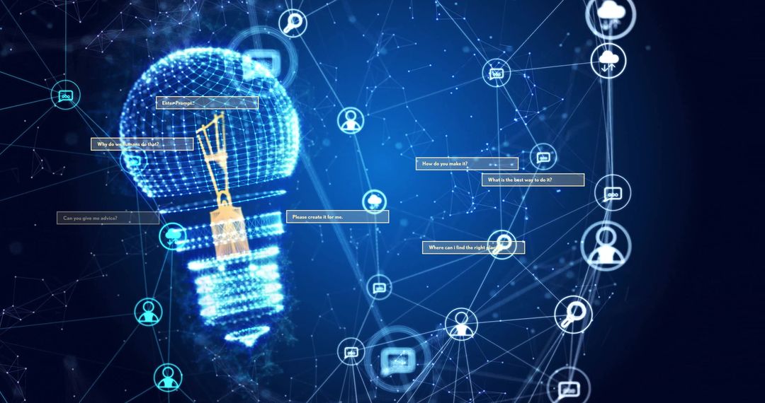 Network of Digital Icons Overlaying Glowing Lightbulb of Innovation