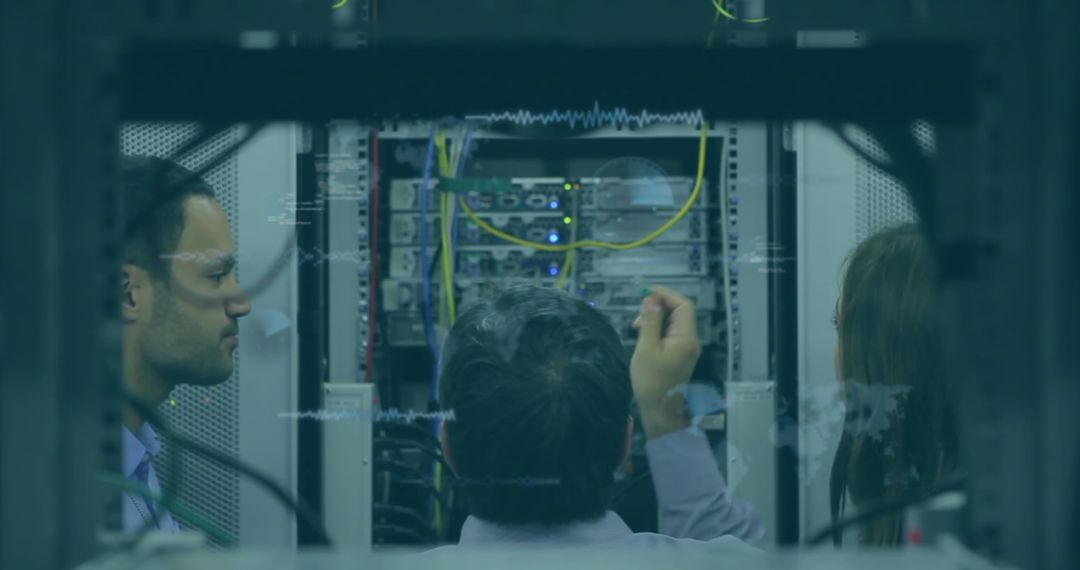 Engineers Collaborating in Modern Server Room with Data Overlay