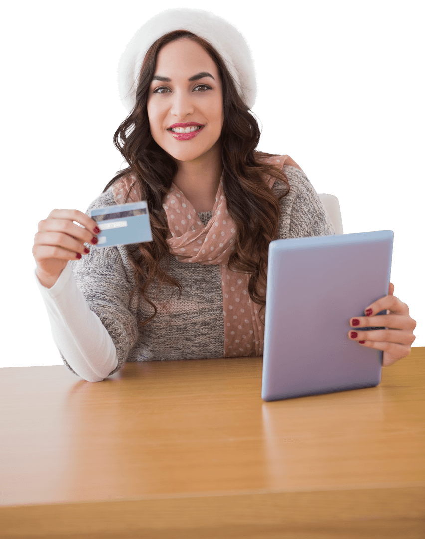 Caucasian Woman Shopping Online with Credit Card on Transparent Background