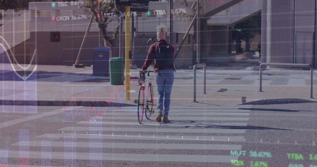 Man With Bicycle on Crosswalk with Financial Graph Overlay - Free Images, Stock Photos and Pictures on Pikwizard.com