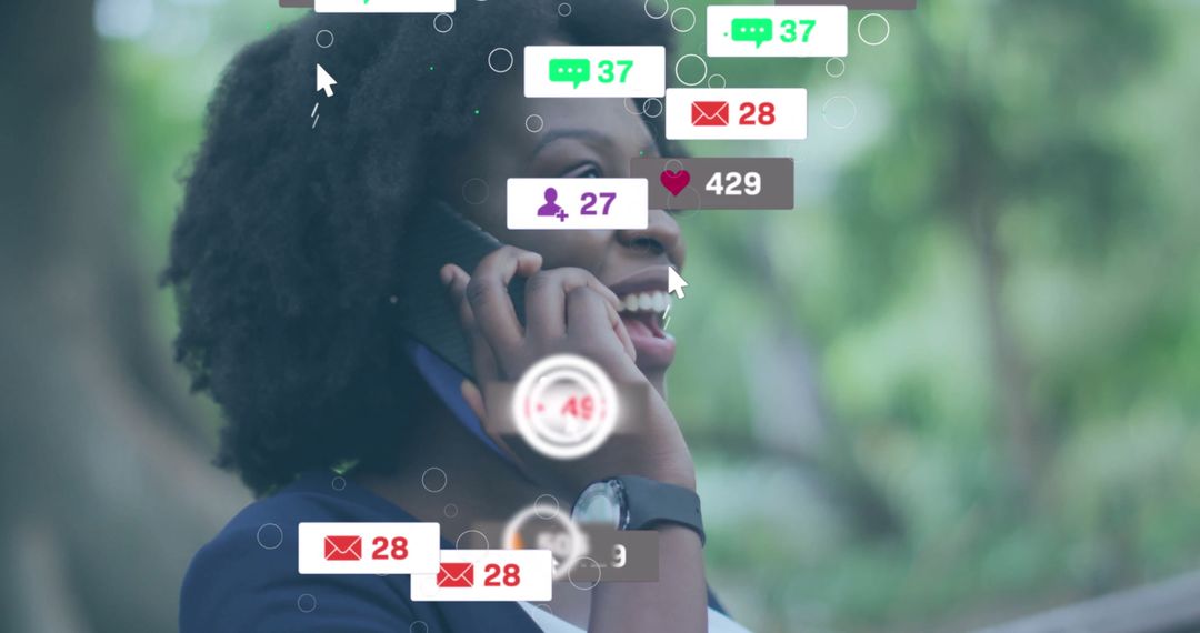 Woman Surrounded by Social Media Notifications While on Phone Call