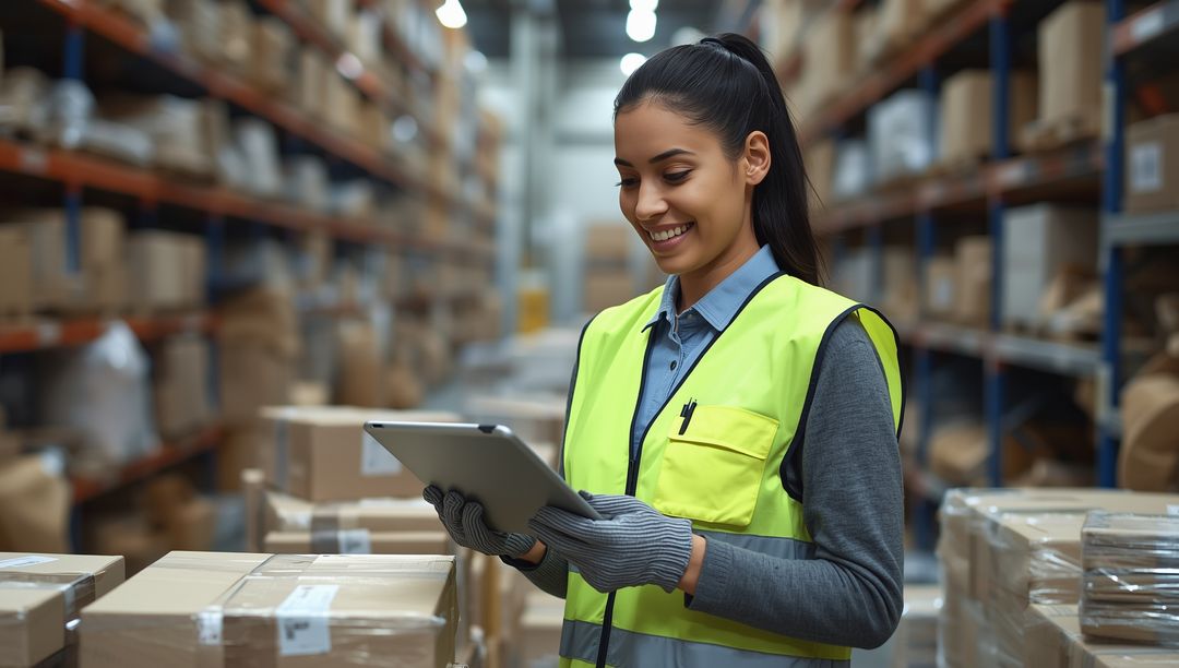 Female Warehouse Worker Using Tablet for Inventory Management