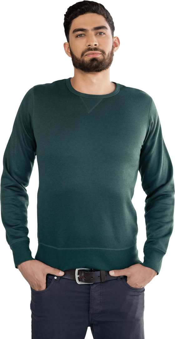 Confident Young Man in Green Sweater on Transparent Background