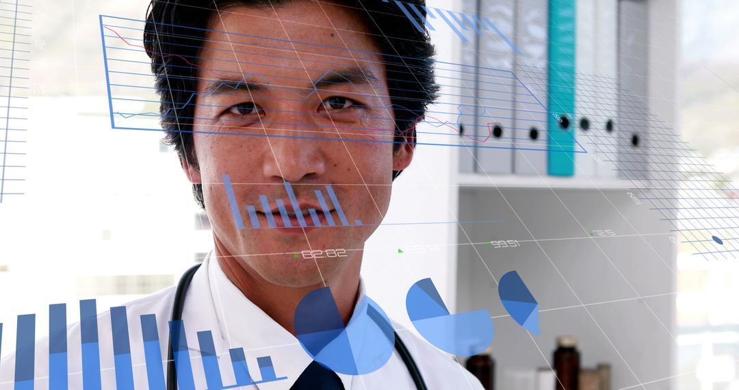 Asian Doctor Analyzing Financial Healthcare Data with Digital Graphs