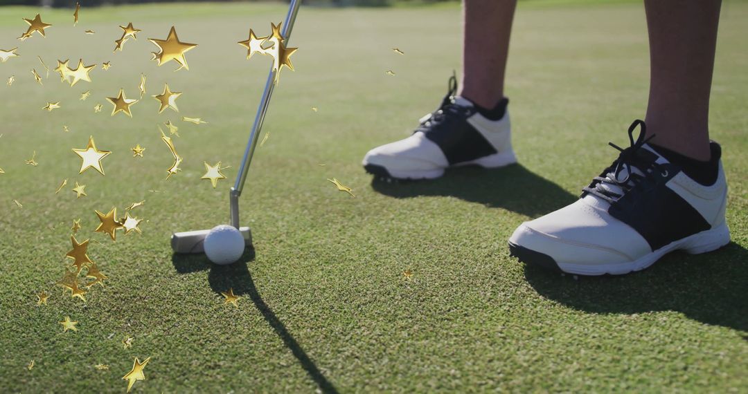 Female Golfer Aligning Put Shot with Golden Sparkles on Green