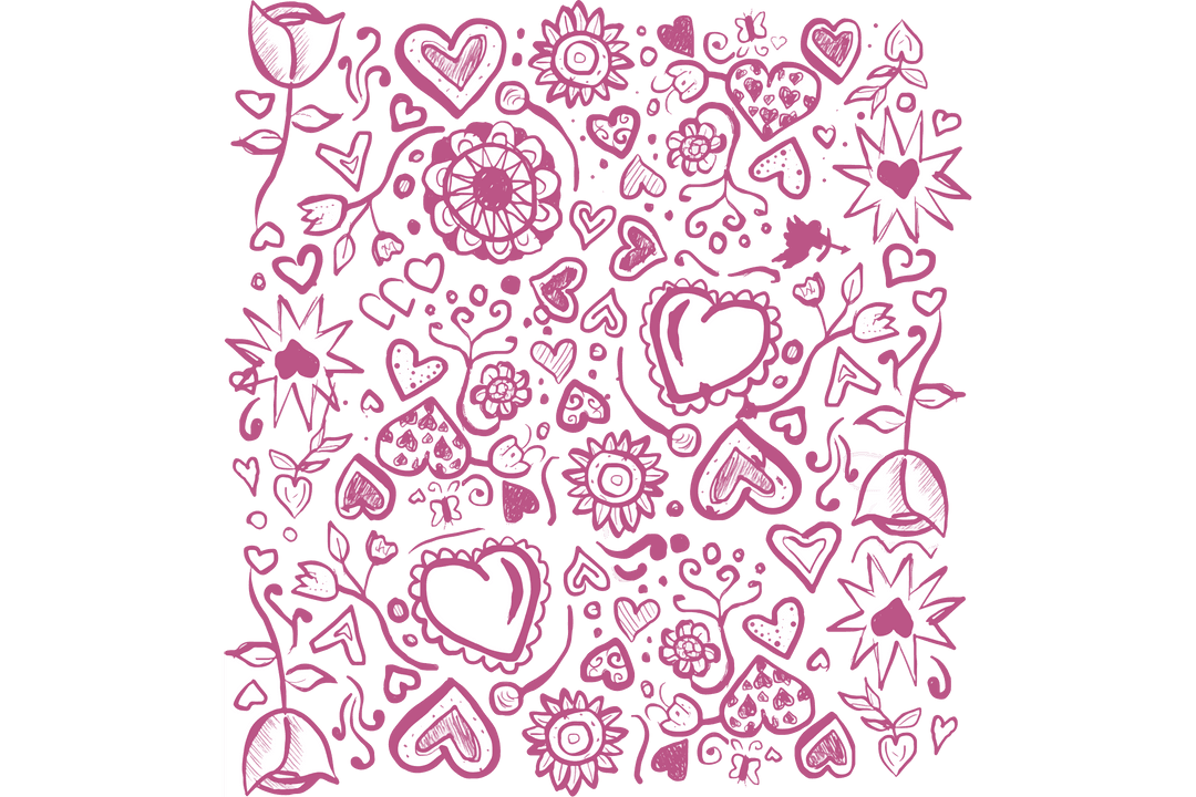 Pink Hearts and Flowers Doodle with Transparent Background