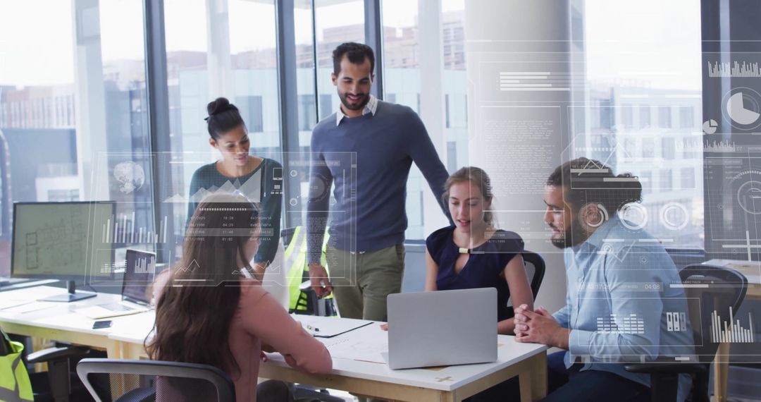 Business Team Discussing Data with Digital Financial Graphs in Modern Office