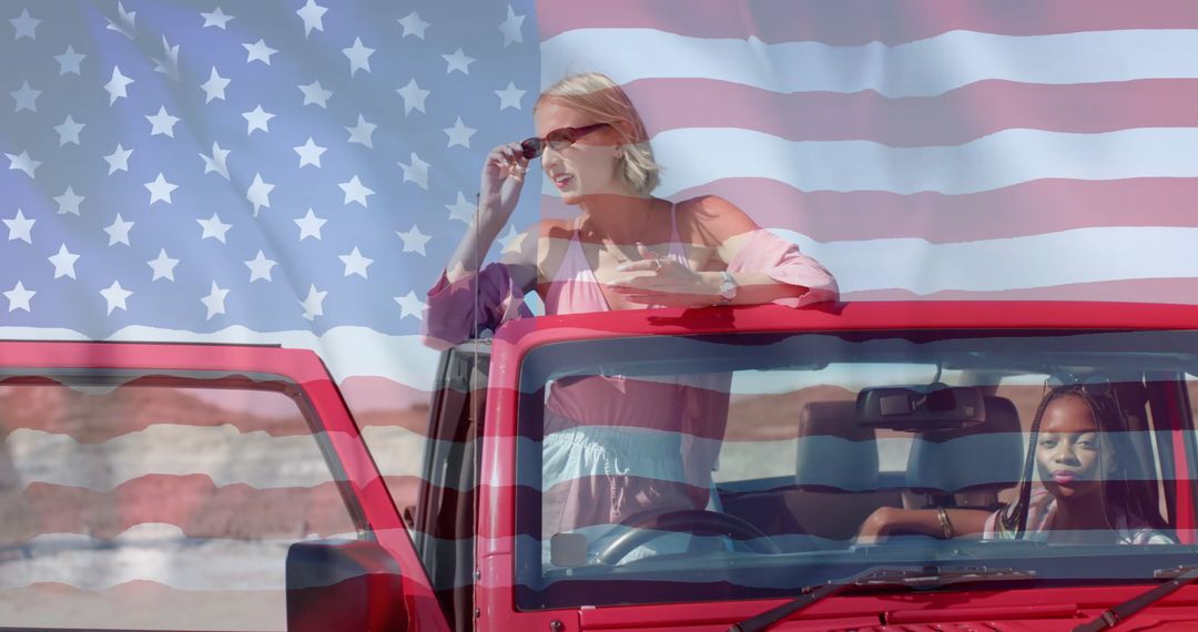 Multicultural Friends Enjoying Road Trip with USA Flag Transparency