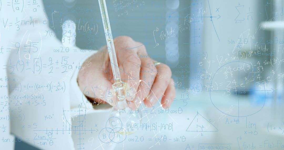 Image of mathematical equations on mid section of scientist performing experiment at laboratory - Free Images, Stock Photos and Pictures on Pikwizard.com