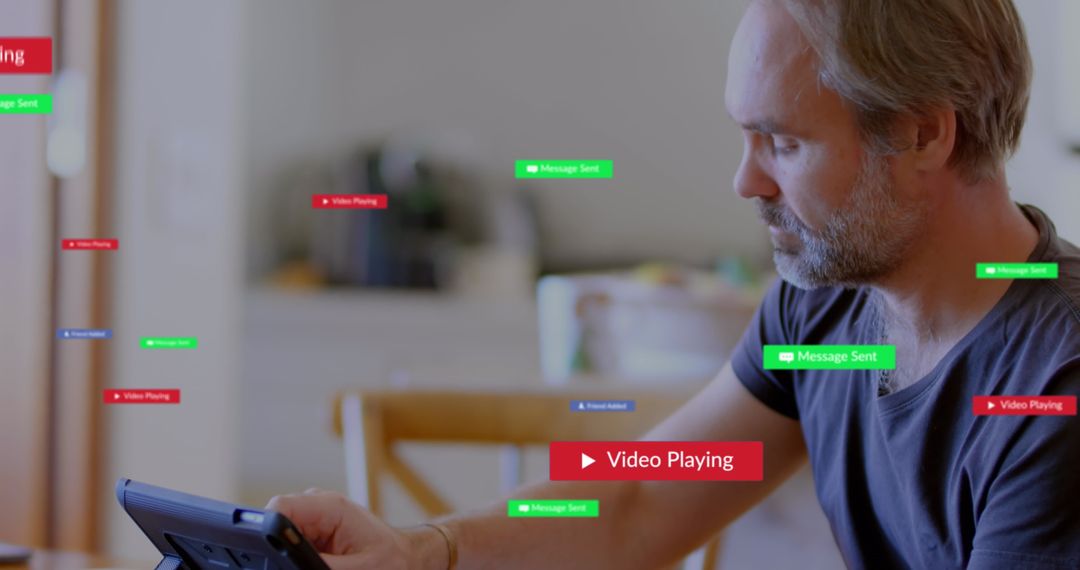 Caucasian Man Engaging with Tablet Among Digital Notifications