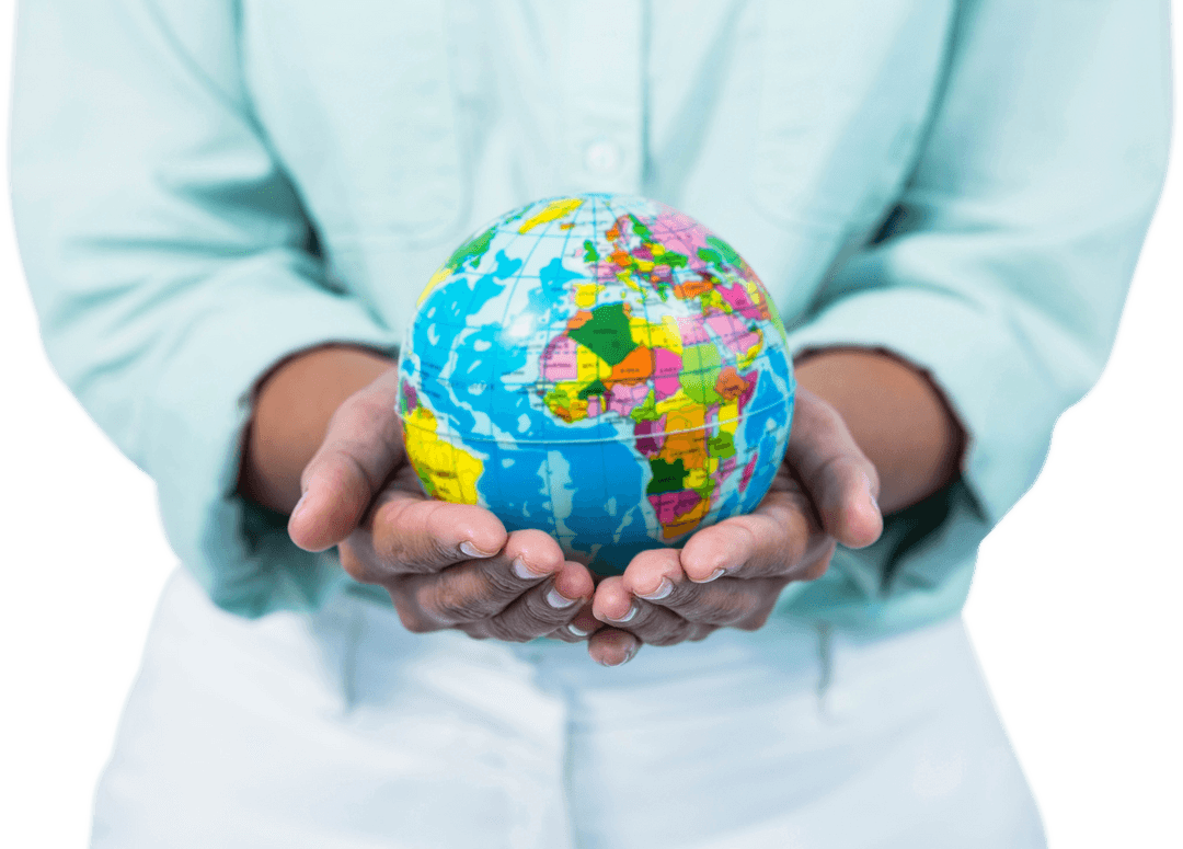 Transparent Hands Holding Colorful World Globe