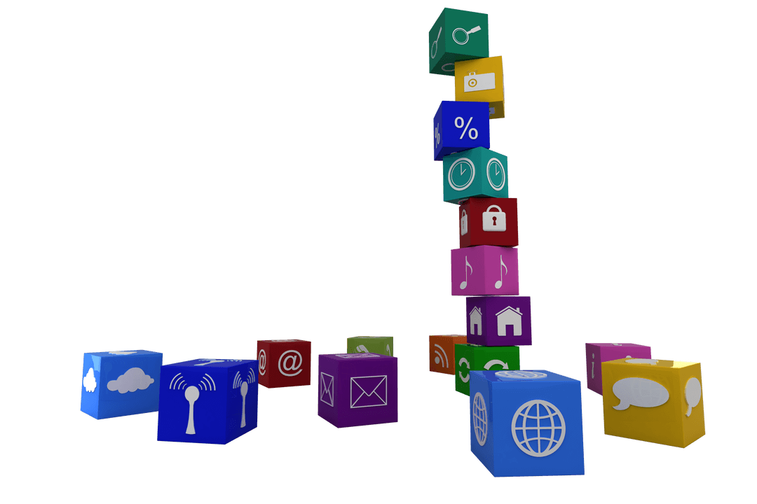 Transparent 3D Media Icon Cubes Arranged in Stack