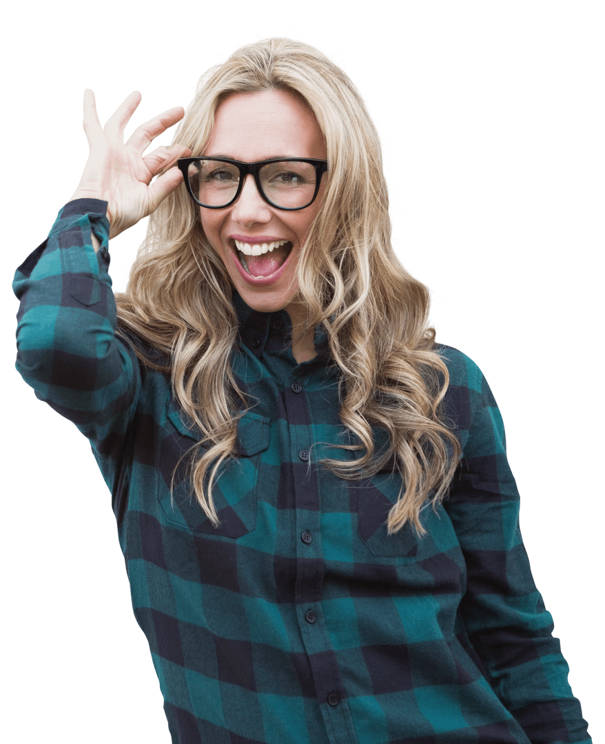 Cheerful Caucasian Woman Adjusting Glasses on Transparent Background