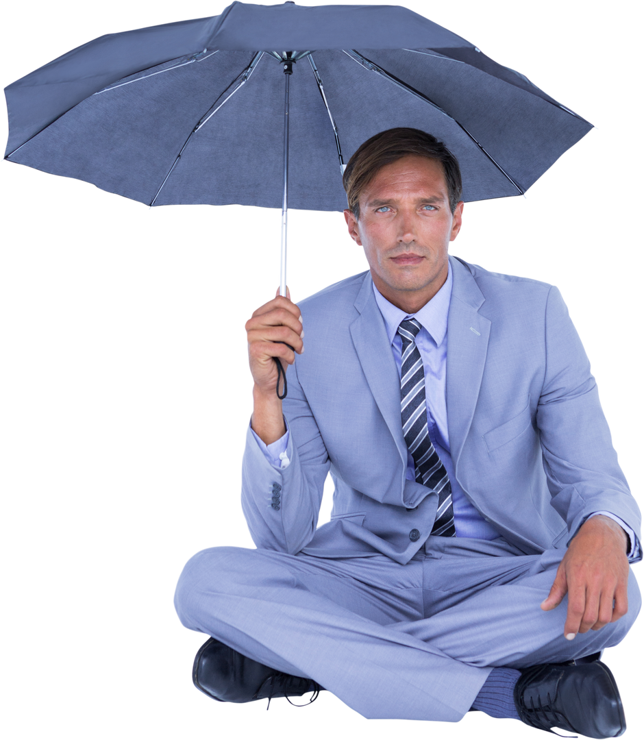 Transparent businessman sheltering under umbrella in light blue suit - Download Free Stock Images Pikwizard.com