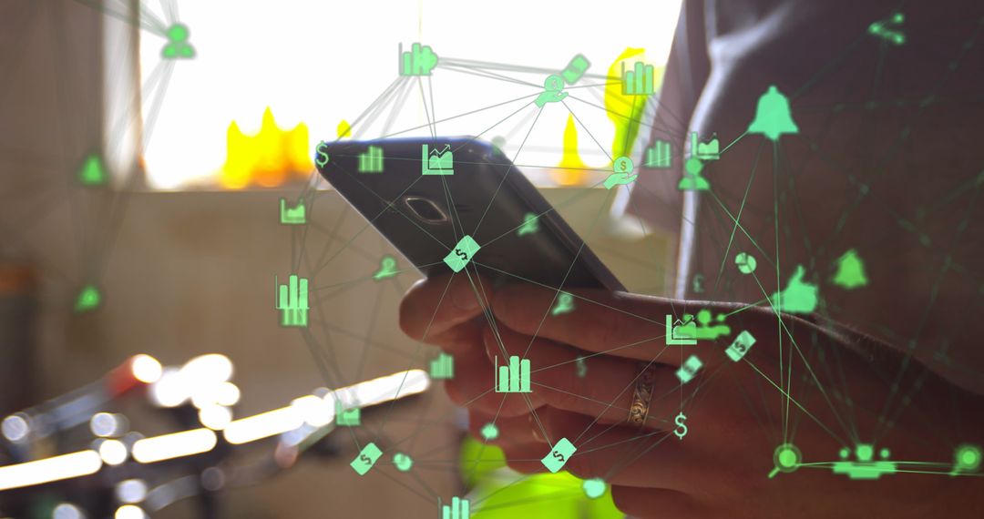 Digital Network Icons Overlay Smartphone Usage in Modern Technology