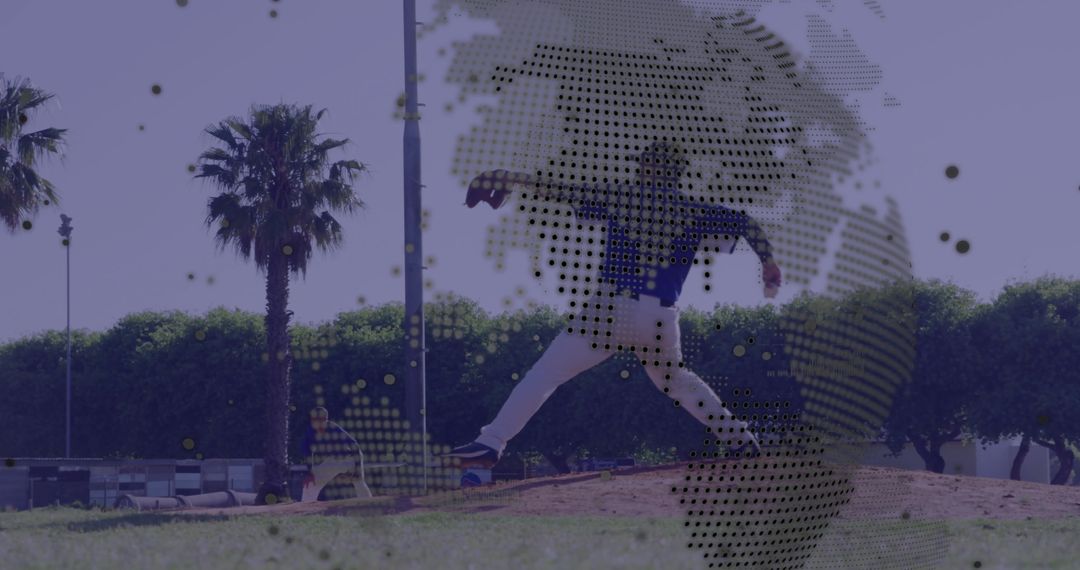 Baseball Player Pitching with Abstract World Map Overlay