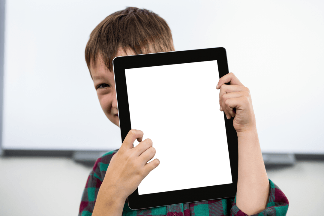 Happy Boy Holding Transparent Tablet Blackboard Background