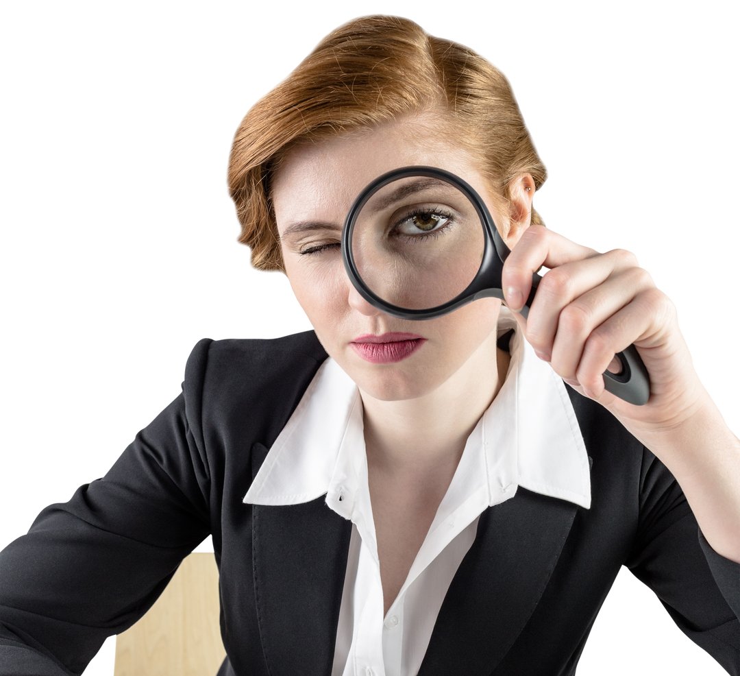 Focused Caucasian Businesswoman Examining with Magnifying Glass Transparent Background - Download Free Stock Images Pikwizard.com