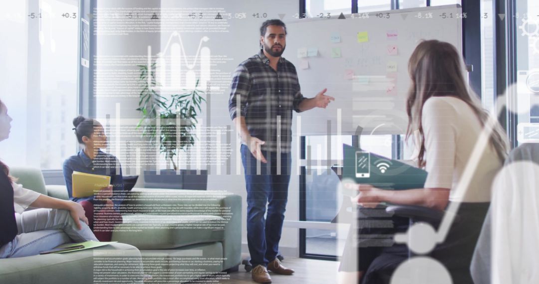 Innovative Team Collaborating with Digital Interface Overlays