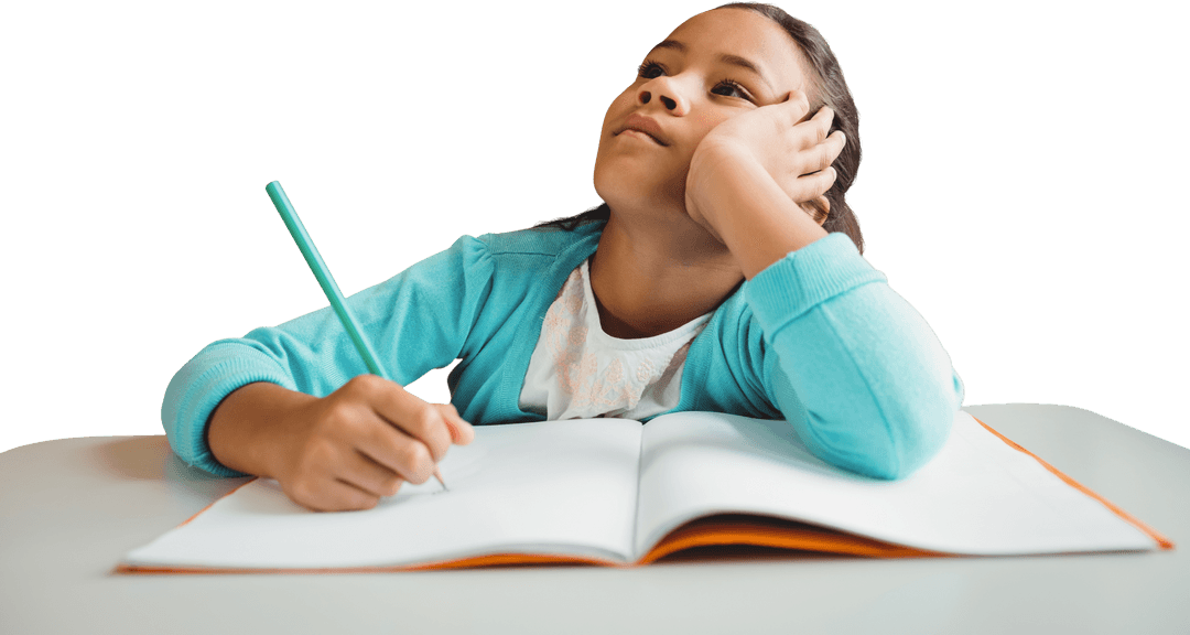 Transparent Background Shows Child Writing in Notebook at Desk