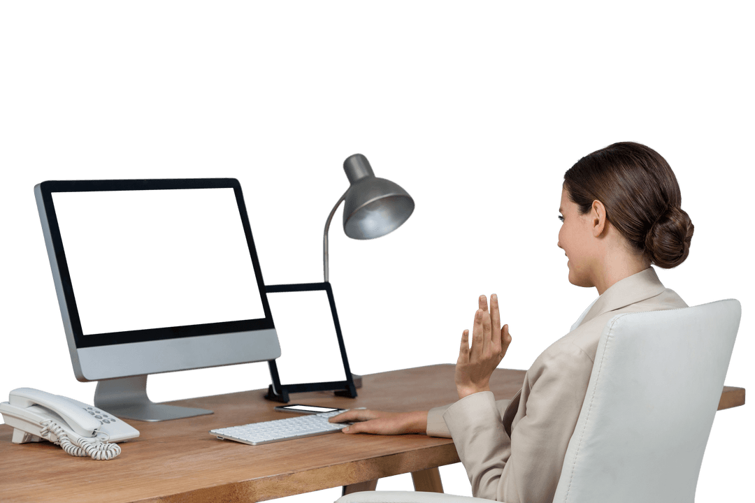 Transparent Background Businesswoman Video Calling at Desk