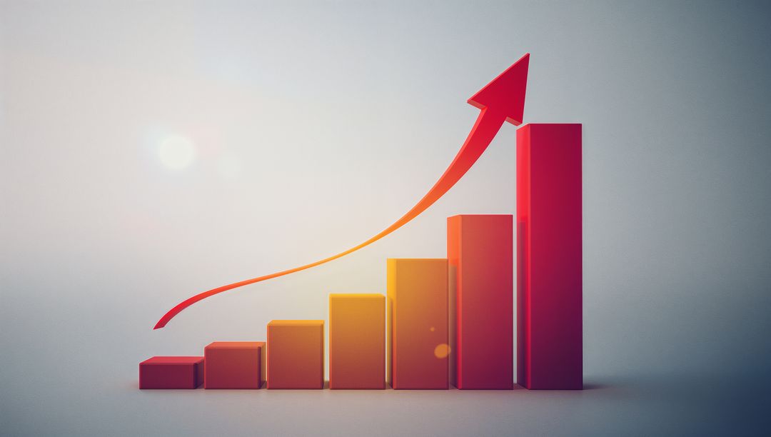 3D Bar Chart Displaying Growth with Red Upward Arrow
