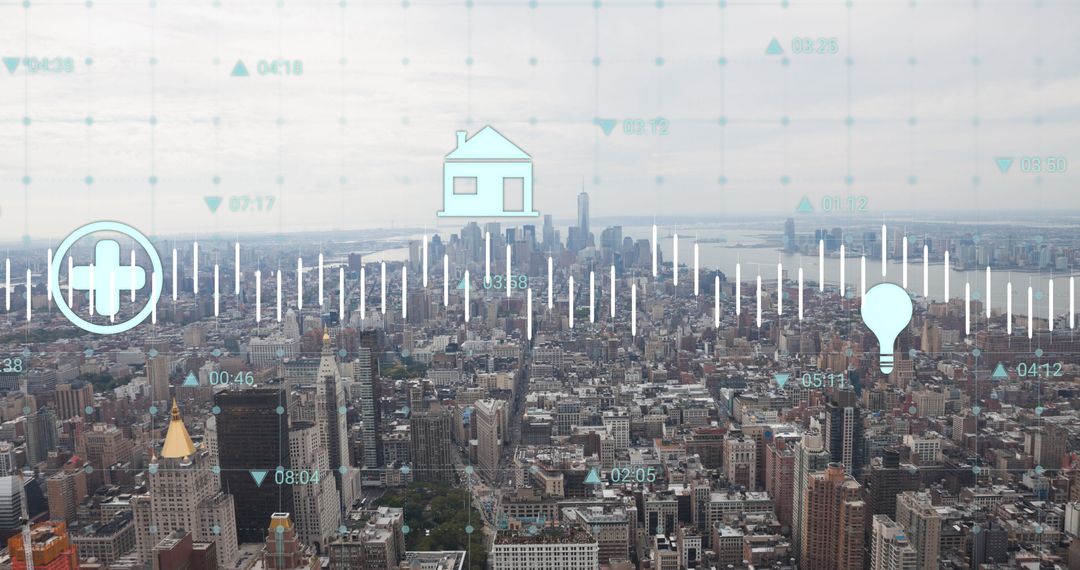 Futuristic Data Overlay on Urban Cityscape with Energy Icons