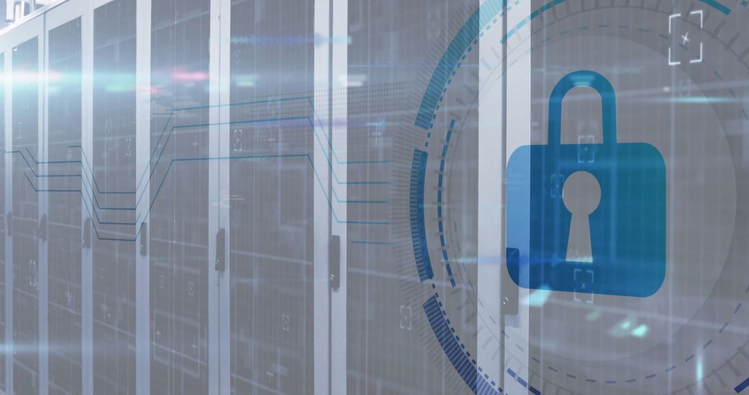 Digital Padlock Overlaying on Secure Server Room Technology Concept