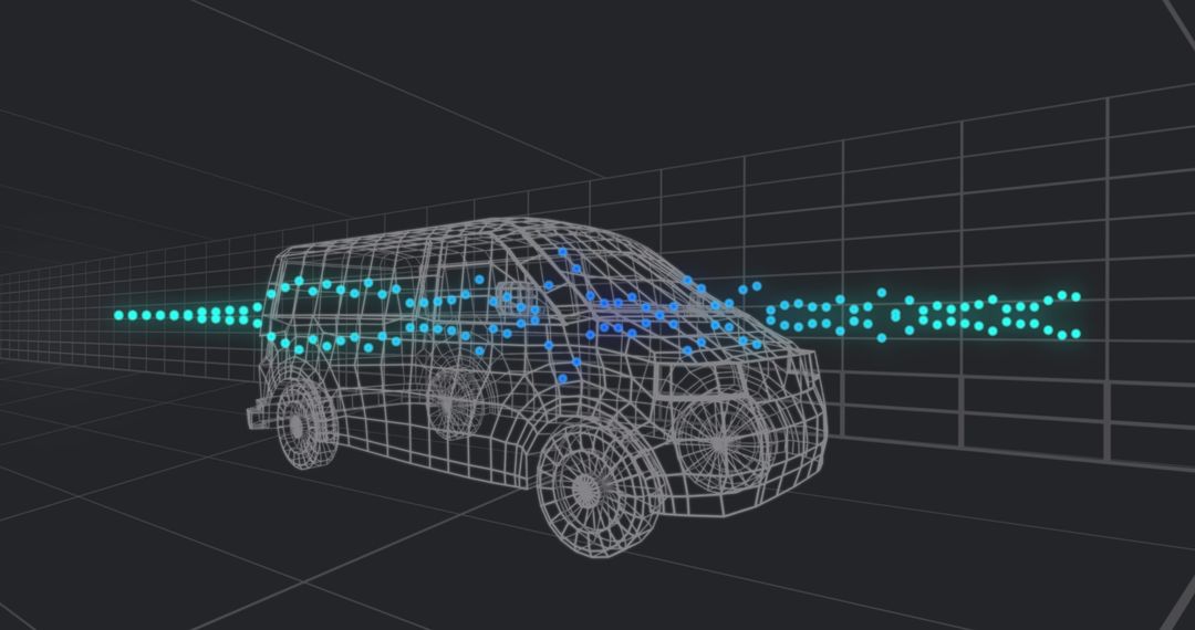 3D Car Model with Data Streams on Digital Grid Background
