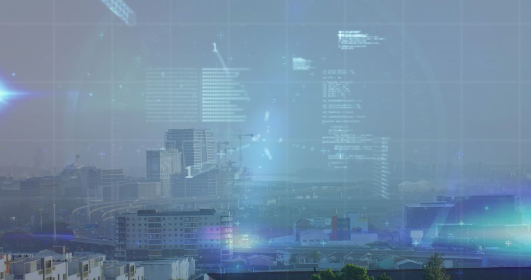 Financial Data Processing Overlay on Cityscape Image