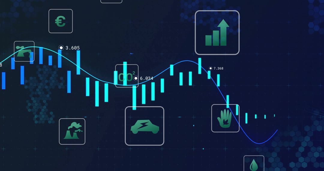Neon Candlestick Chart Visualizing Market Trend on Digital Finance Dashboard with Icons