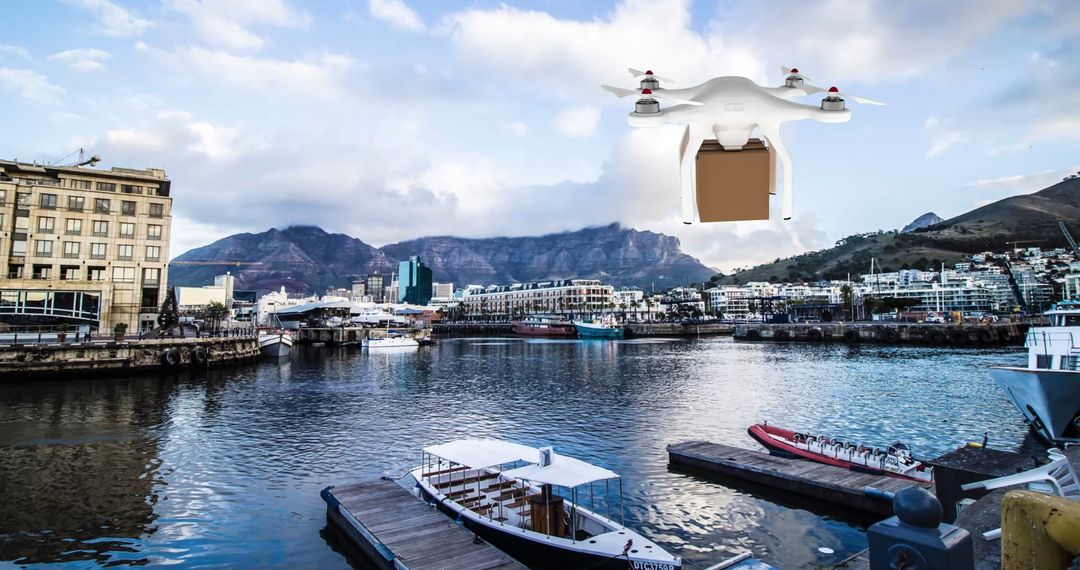 Drone Delivering Package Over Scenic Port City with Boats