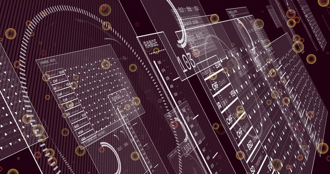 Displaying futuristic 3D data visualization HUD with translucent panels and gold spheres