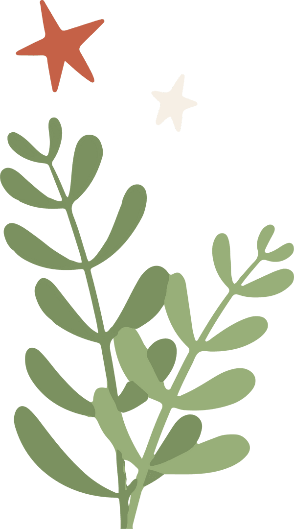 Botanical Green Leaf Branch with Floating Stars Transparent Design