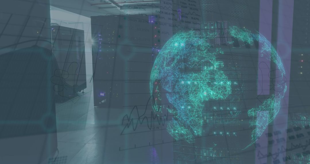 Digital Globe Projection and Stock Data in Modern Server Room
