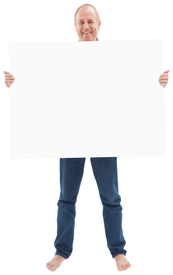 Senior Man Transparent Blank Card Presenting Concept