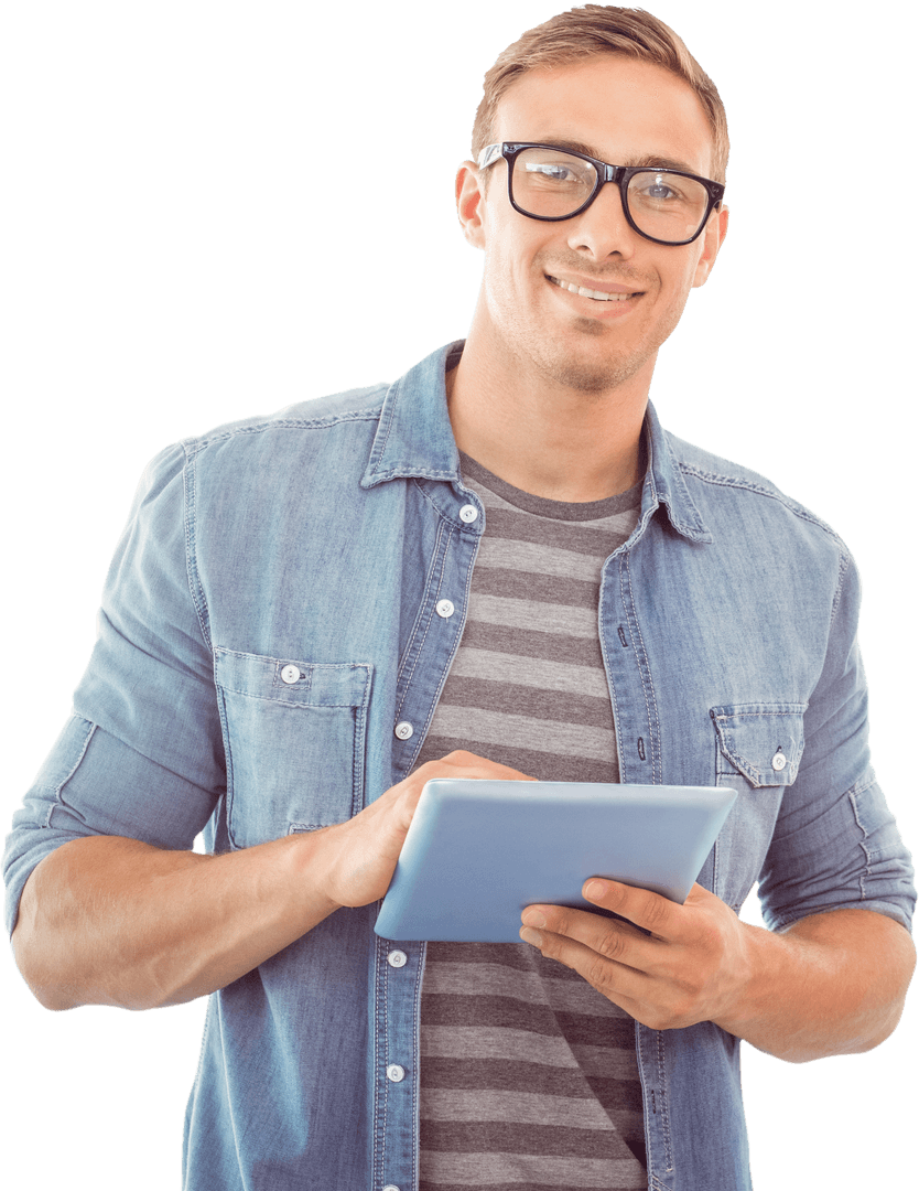 smiling man with glasses using tablet on transparent background - Download Free Stock Images Pikwizard.com