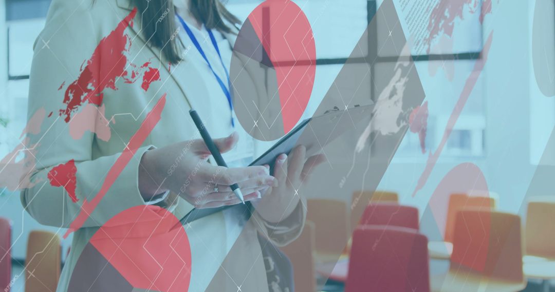 Professional Woman Analyzing Data with Digital Interface Overlays