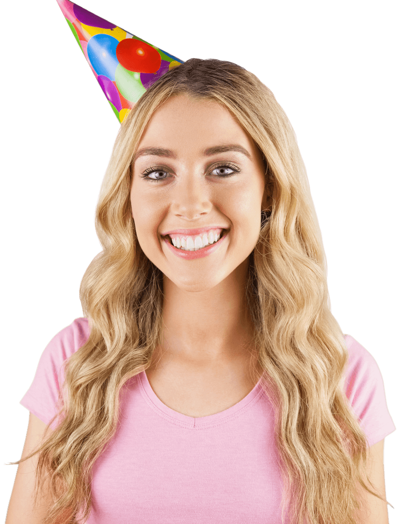 Joyous Woman in Transparent Party Hat Smiling Celebrating Birthday