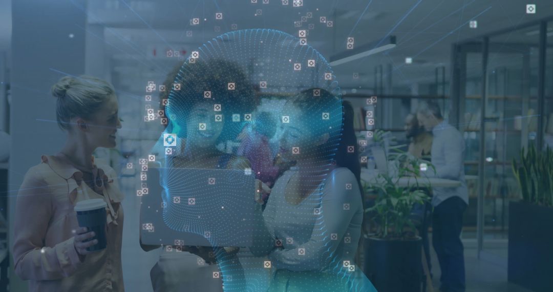 Team Discussing AI with Holographic Projection in Modern Office