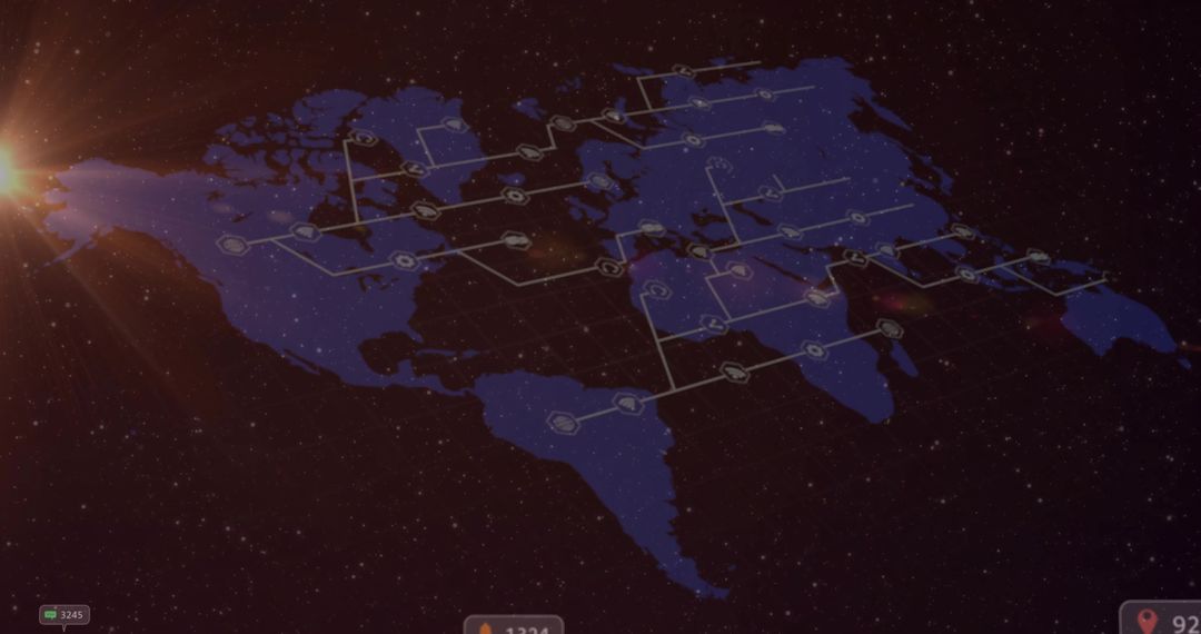 Digital World Map with Network Connections and Lens Flare