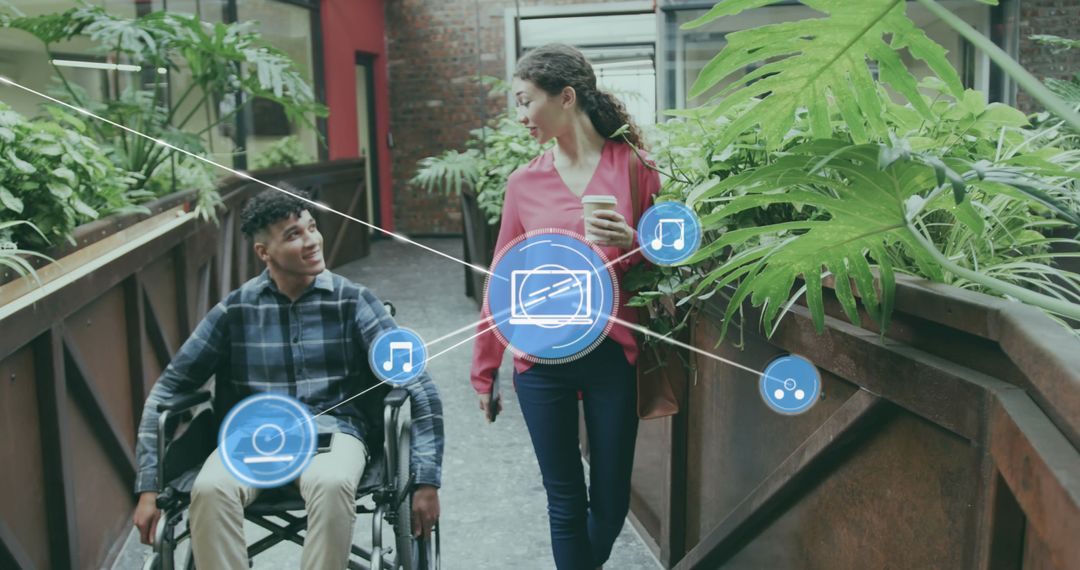 Disabled Man and Woman Communicating in Modern Space with Digital Overlays