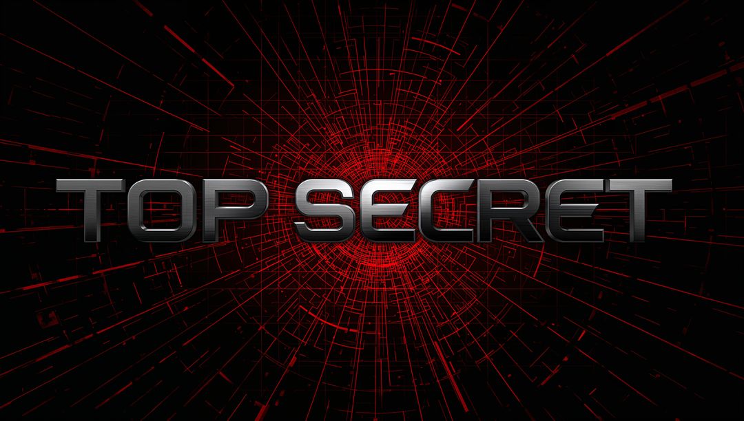Metallic 3D TOP SECRET Typography on Red Cyber Grid Data Vault Backdrop for Security