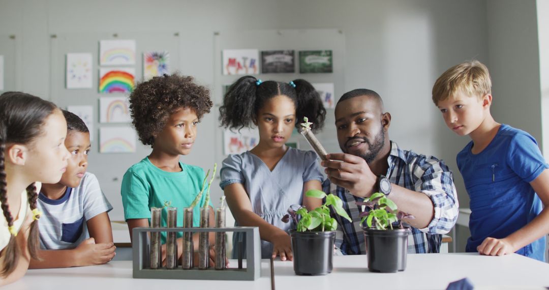 Image of happy african american male teacher and class of diverse pupils during biology lesson - Free Images, Stock Photos and Pictures on Pikwizard.com