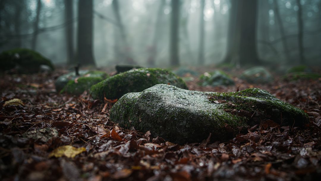 Moss-Covered Rocks on Misty Forest Floor with Fallen Leaves